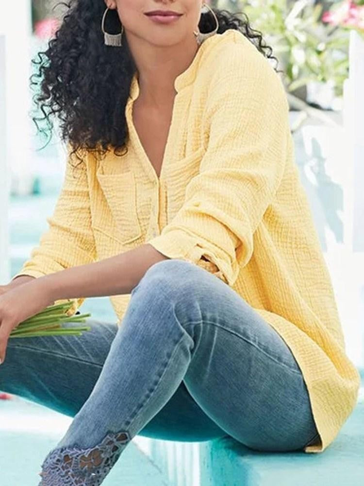 Women’s Blouse – Relaxed Fit – Long Sleeve – Cotton Texture – Band Collar – Pockets