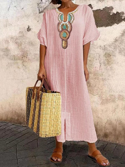 Women’s Kaftan Dress – Relaxed Fit – Embroidered Neckline – Breathable Blend – Full Length