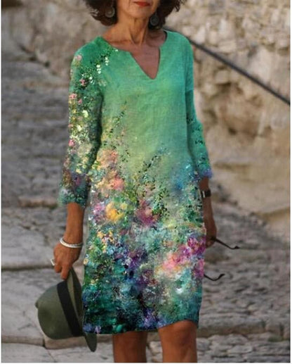 Women’s Knee-Length Dress – Relaxed Fit – Artistic Print – Cotton Blend – V-Neck