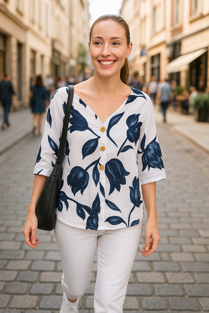 Women’s Blouse – Relaxed Fit – V-Neck – Half Sleeve – Floral Print – Cotton Blend