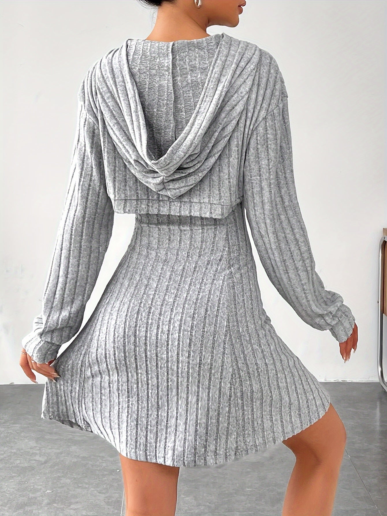 Women's Knit Sweater Dress - Ribbed Texture - V-Neck Cutout - Long Sleeve Mini Fit