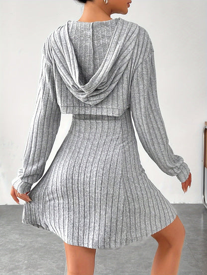 Women's Knit Sweater Dress - Ribbed Texture - V-Neck Cutout - Long Sleeve Mini Fit