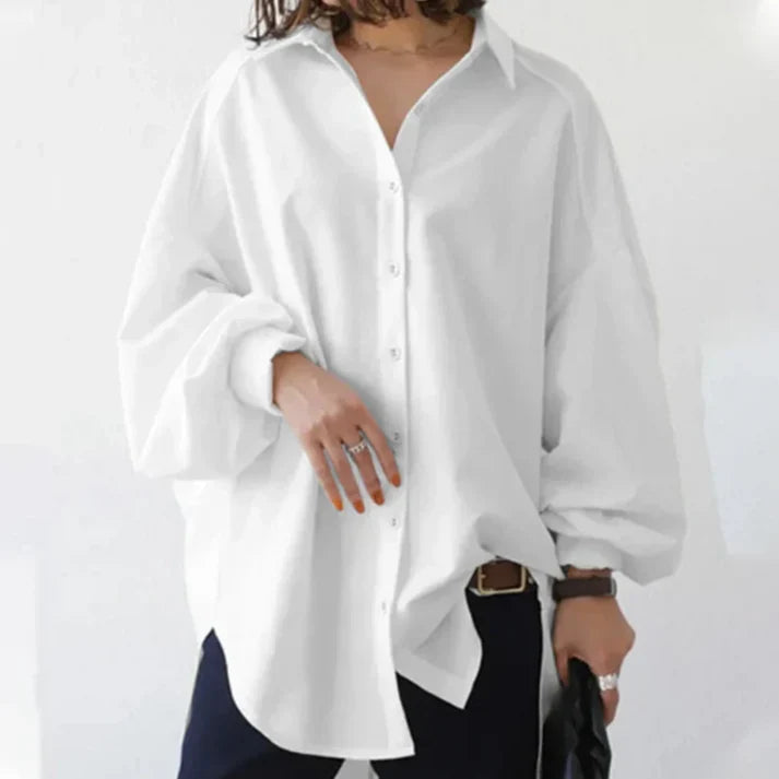 Women’s Button-Up Shirt – Oversized Fit – Cotton Texture – Long Sleeve – Casual