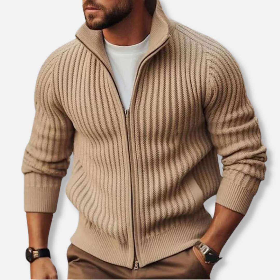 Rocco Stand Collar Ribbed Cardigan Sweater | Full Zip Pockets Sweater
