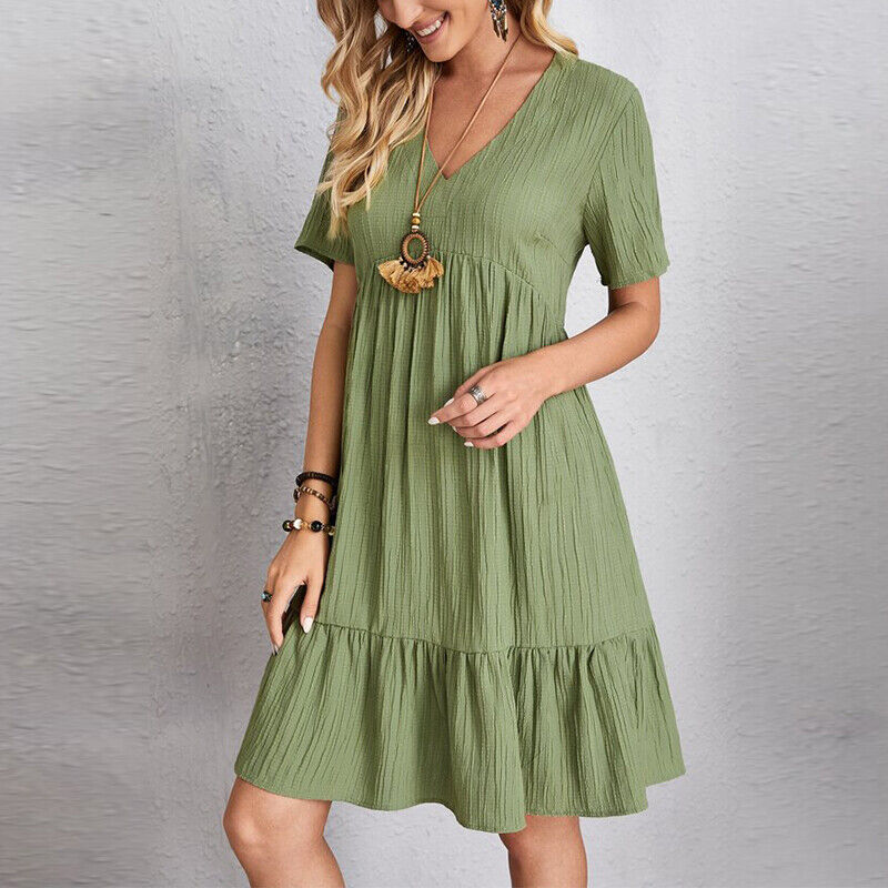 Women's A-Line Dress - Lightweight Breathable Fabric - V-Neck Short Sleeve Relaxed Fit