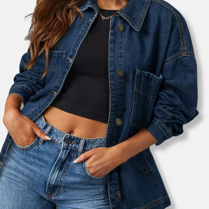 Women’s Denim Jacket – Oversized Boyfriend Fit – Chest Pockets – Button Front