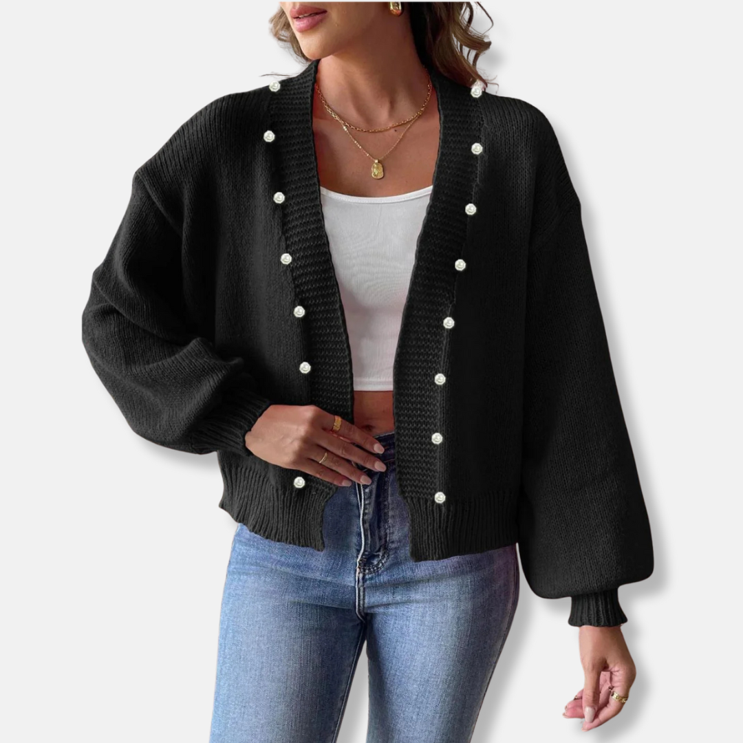 Women’s Cardigan – Cropped Knit Fit – Pearl Beaded Open Front – Balloon Sleeves