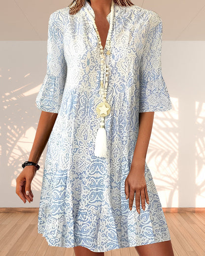 Women’s Mini Dress – Relaxed Fit – Half Sleeve – V-Neck – Breathable Blend – Boho Style