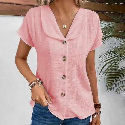Women’s Blouse – Relaxed Fit – Crinkled Texture – Cropped – Short Sleeve – Button Front