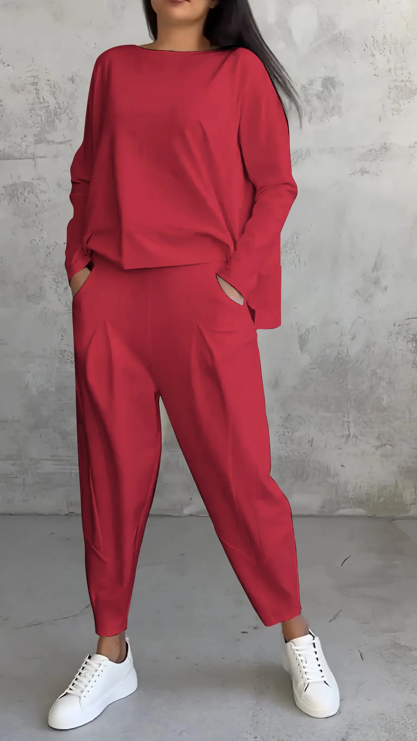 Women’s Two-Piece Set – Relaxed Fit – Long Sleeve Top – Tapered Harem Pants – Breathable Cotton