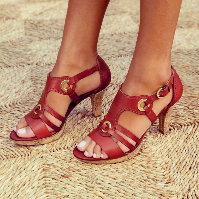 Women’s Sandals – Open Toe Block Heel – Cork Sole – Strappy Modern Design
