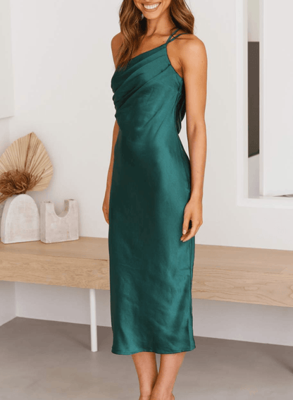 Women's Midi Slip Dress - Satin Fabric - One-Shoulder Elegant Formal Wear