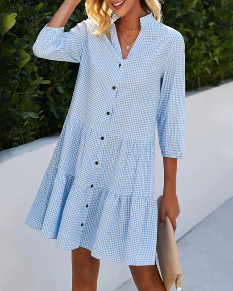 Women’s A-Line Dress – Natural Fibers – Checked Pattern – Tiered Hem – 3/4 Sleeve
