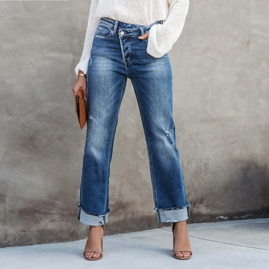 Women’s Denim Jeans – High Rise Waist – Straight Leg – Distressed – Cuffed Ankles