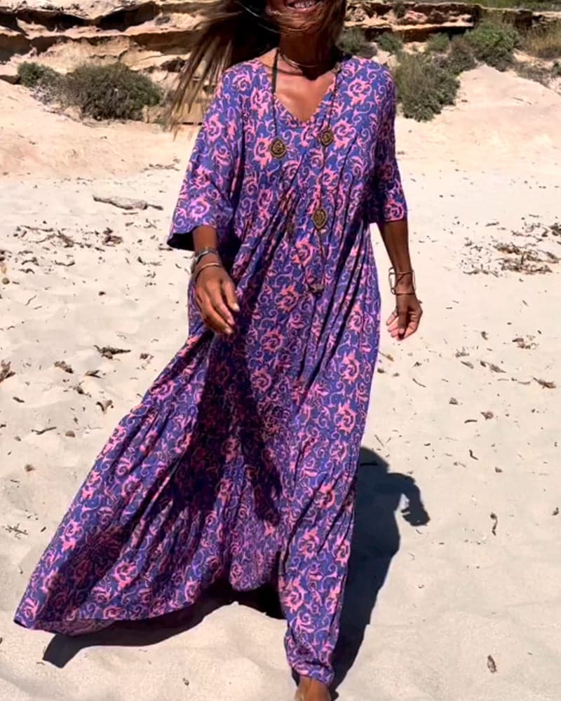 Women’s Maxi Dress – Boho Print – V-Neck – Loose Fit – Elbow Sleeve – Breathable Fabric