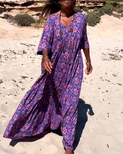 Women’s Maxi Dress – Boho Print – V-Neck – Loose Fit – Elbow Sleeve – Breathable Fabric