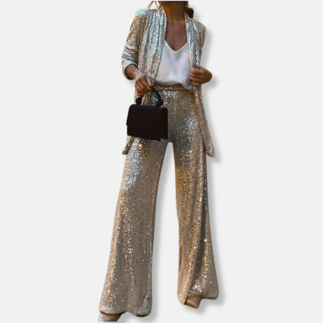 Women’s Two-Piece Set – Sequin Tailored Jacket – High-Waisted Wide-Leg Pants