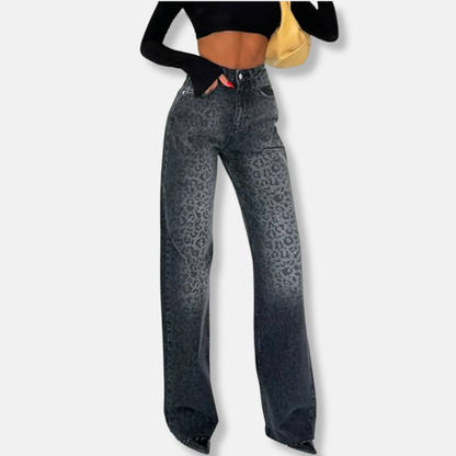 Women’s Jeans – High Waist – Relaxed Fit – Wide Leg – Animal Embossed – Raw Hem