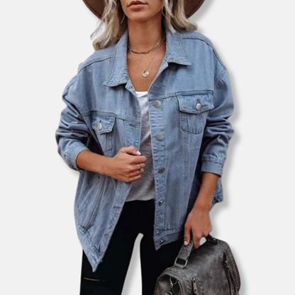 Women’s Denim Jacket – Oversized Fit – Pointed Lapel – Button Front – Utility Pockets
