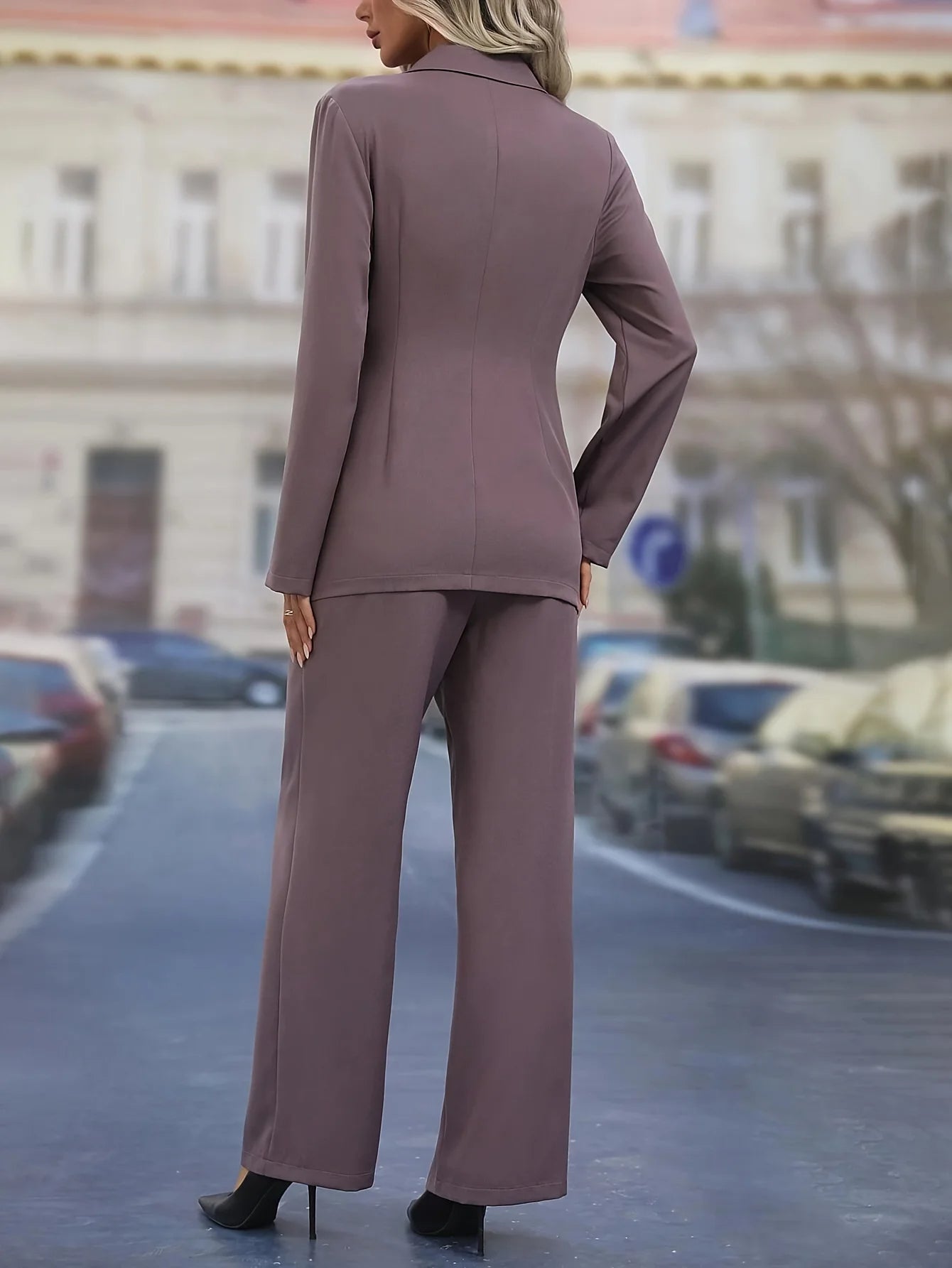Women’s Blazer and Trousers Set - Woven Fabric - Tailored Fit - Wrap Waist
