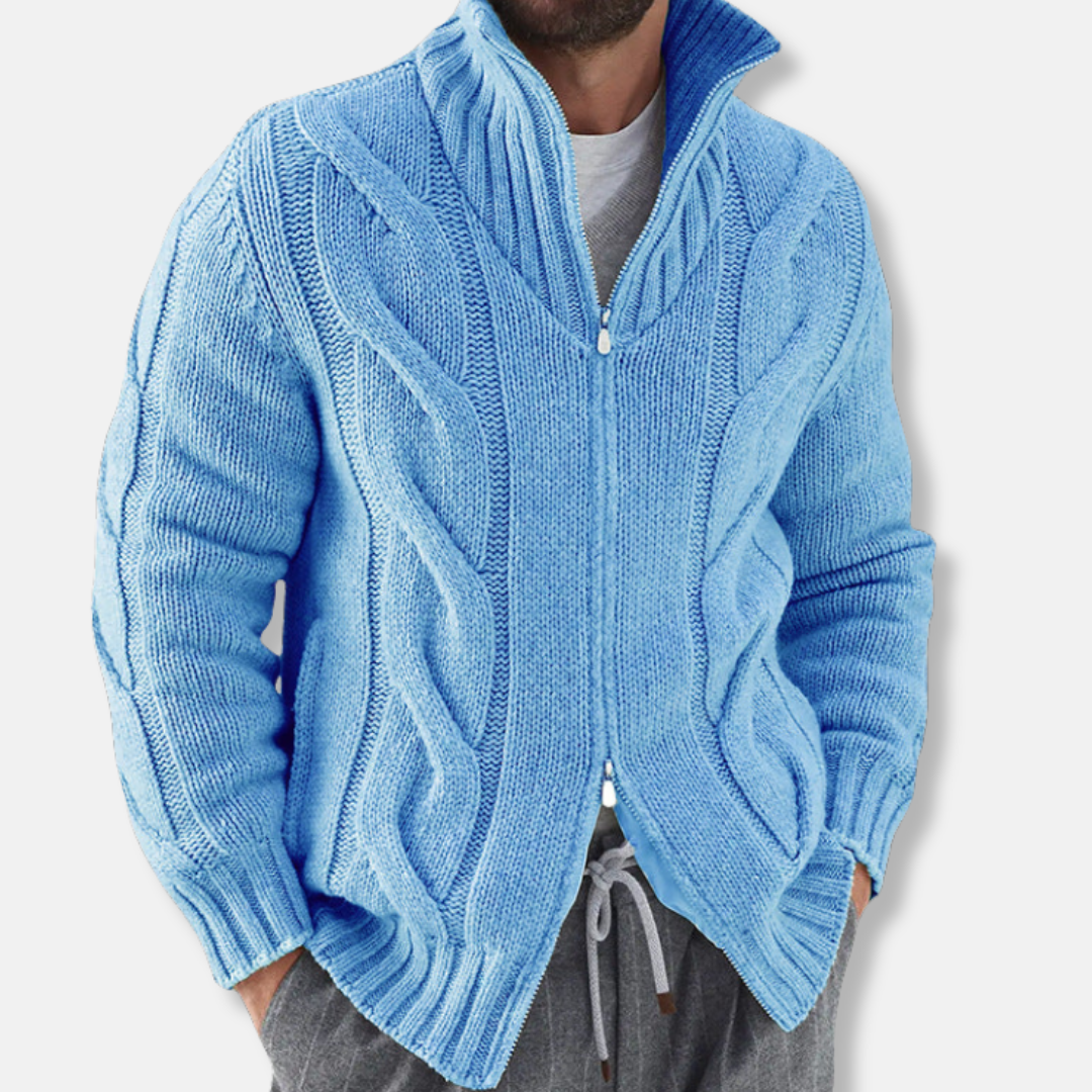Harry Relaxed Fit Zip Cardigan | High Neck Cable Knit Men’s Zip Cardigan