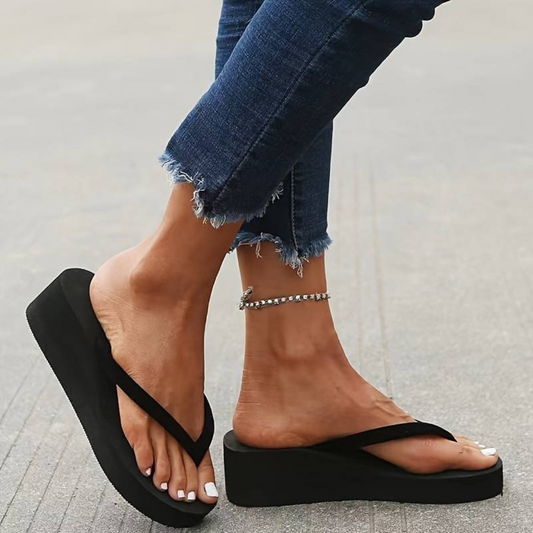 Women’s Platform Wedge Flip-Flops – Cushioned Sole – Wide Strap Thong Sandals