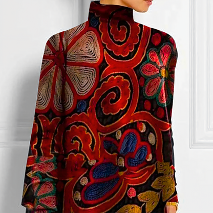 Women’s Asymmetric Top - Velvet - High Neck - Flowing Silhouette - Statement Print