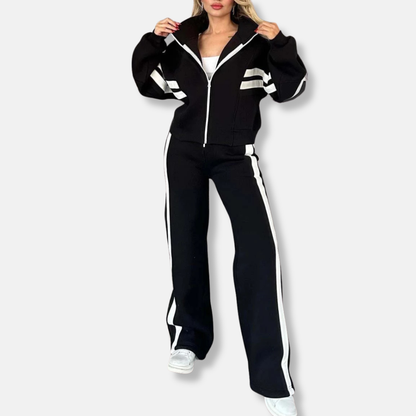 Women’s Jacket Set – Relaxed Fit – Cotton Blend – Striped Sleeve – Athleisure Wear