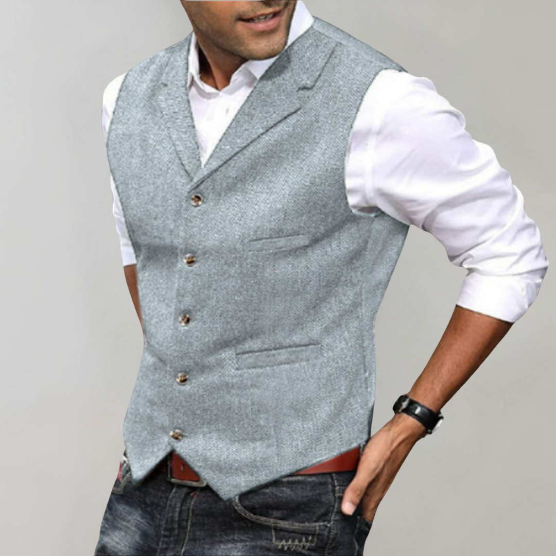 Men’s Suit Vest – Slim Fit – Wool Herringbone – Button Front – Classic V-Neck