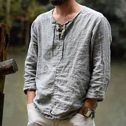 Men’s Long Sleeve Shirt – Relaxed Fit – Natural Fibers – Lace-Up Neckline Casual Wear