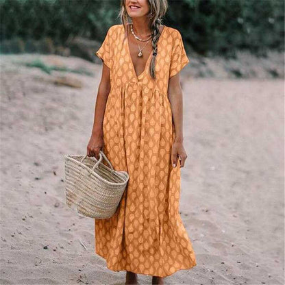 Women’s Maxi Dress – Relaxed Fit – V-Neck – Short Sleeve – Natural Fibers – Printed