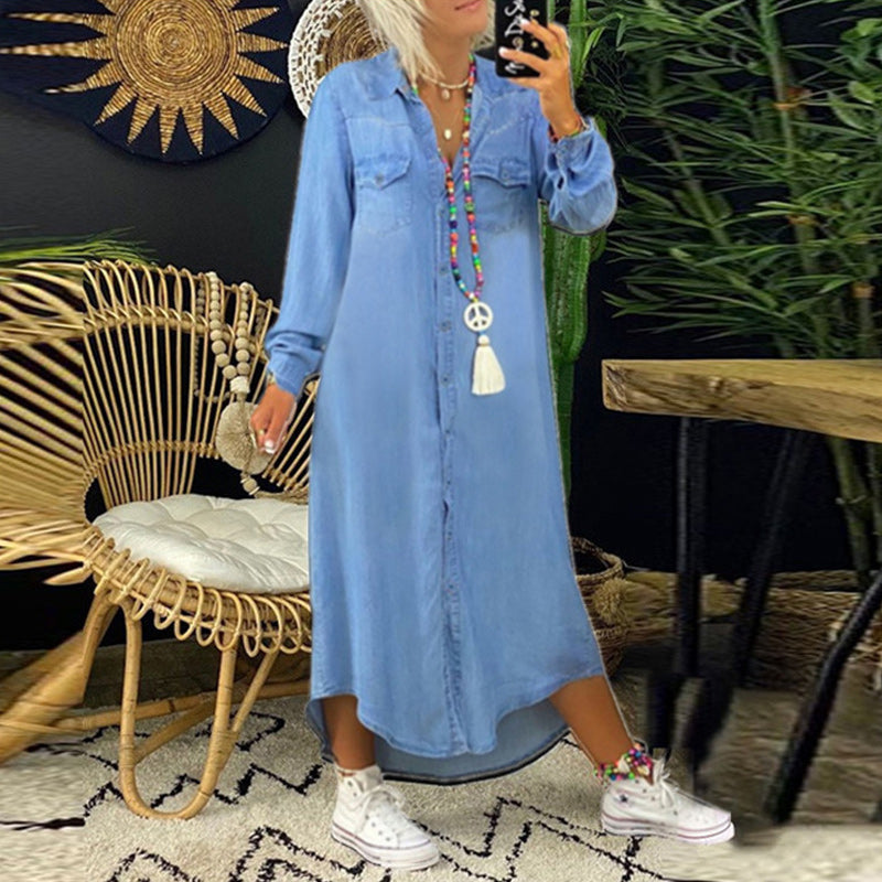 Women’s Maxi Shirt Dress – Relaxed Fit – Cotton Feel – Button-Up – Long Sleeve