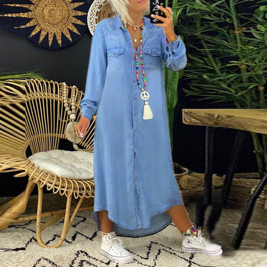 Women’s Maxi Shirt Dress – Relaxed Fit – Cotton Feel – Button-Up – Long Sleeve