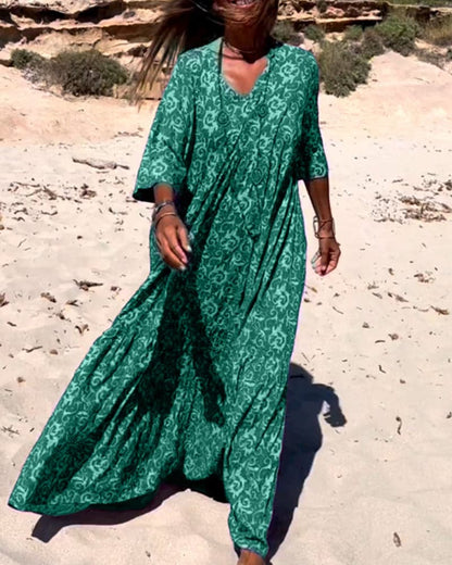 Women’s Maxi Dress – Boho Print – V-Neck – Loose Fit – Elbow Sleeve – Breathable Fabric