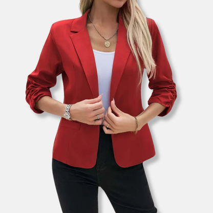 Women’s Blazer – Tailored Fit – Open Front – Three-Quarter Ruched Sleeves – Hip Length