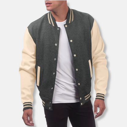Henry Wool Varsity Jacket | Contrasting Sleeves Hip-Length Jacket