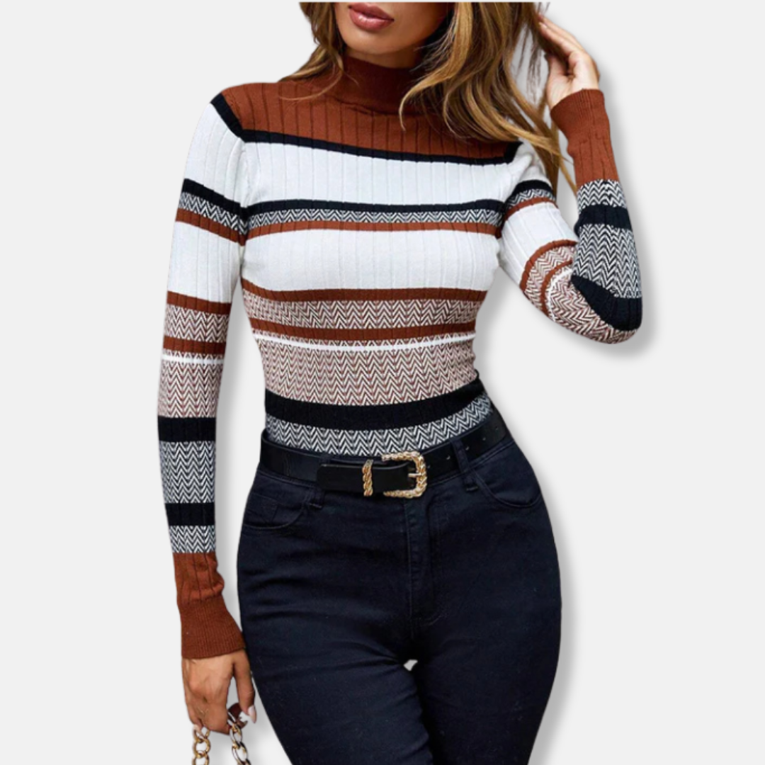 Veronica Cotton Blend Ribbed Chevron Turtleneck Sweater | Slim Fit Striped Sweater
