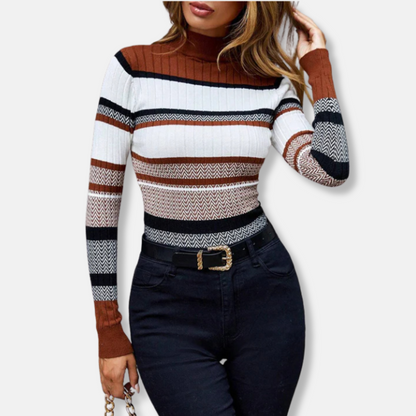 Veronica Cotton Blend Ribbed Chevron Turtleneck Sweater | Slim Fit Striped Sweater