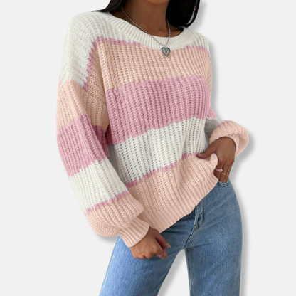 Francesca Cotton Blend Oversized Knit Sweater | Striped Crewneck Sweater
