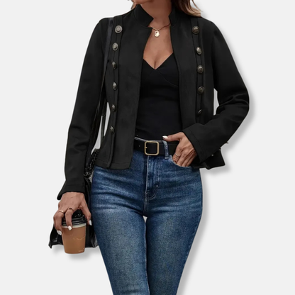 Women’s Cropped Jacket – Slim Fit – Double-Breasted – Mandarin Collar – Wool Blend