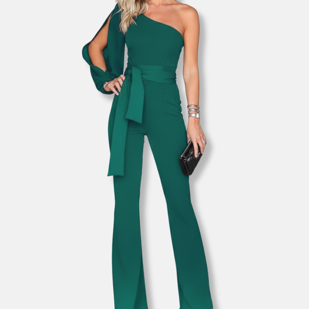 Women’s One-Shoulder Jumpsuit – Slim Fit – Flared Leg – Belted Waist – Luxury Fabric