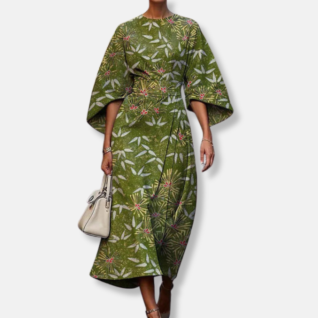 Women’s Midi Dress – Structured A-Line Fit – Kimono Sleeves – Floral Print