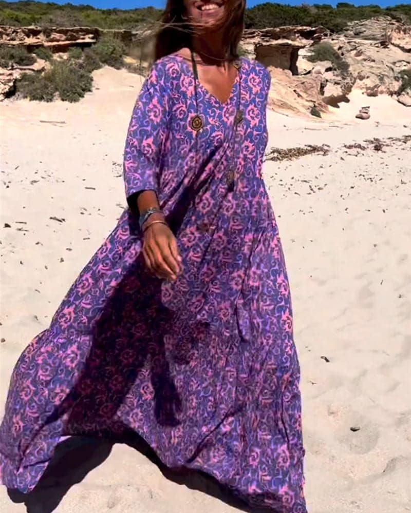 Women’s Maxi Dress – Boho Print – V-Neck – Loose Fit – Elbow Sleeve – Breathable Fabric