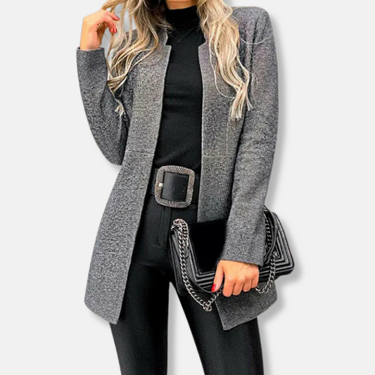 Women’s Long Coat – Relaxed Fit – Tailored Waist – Open Front – Soft Knit