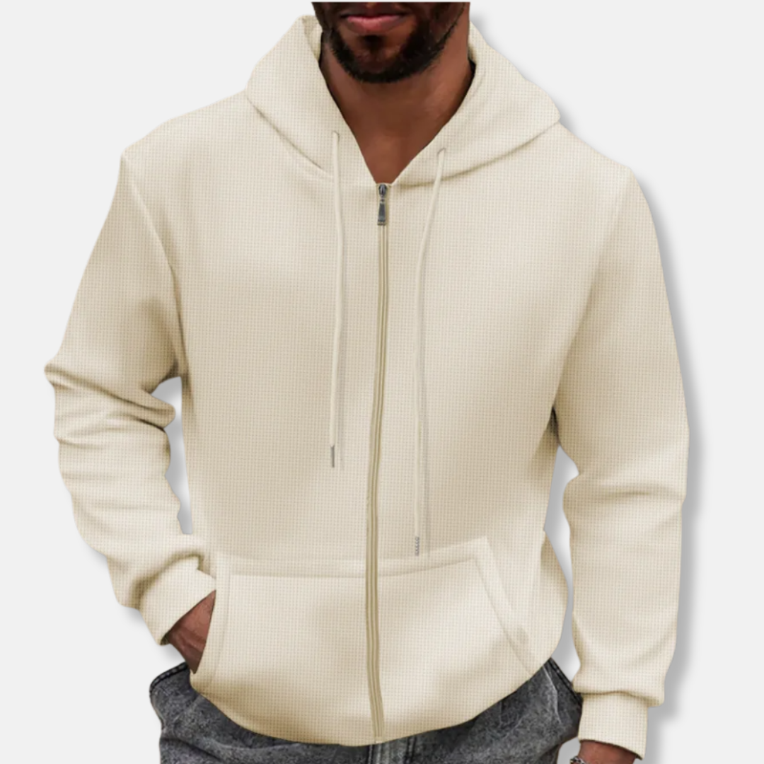 Men’s Full-Zip Hoodie – Waffle Knit – Relaxed Fit – Drawstring Hood – Kangaroo Pockets