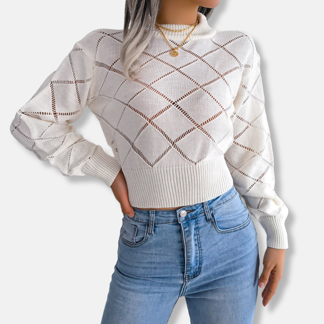 Women’s Knitted Sweatshirt – Cropped Fit – Cotton Blend – Openwork Diamond Pattern