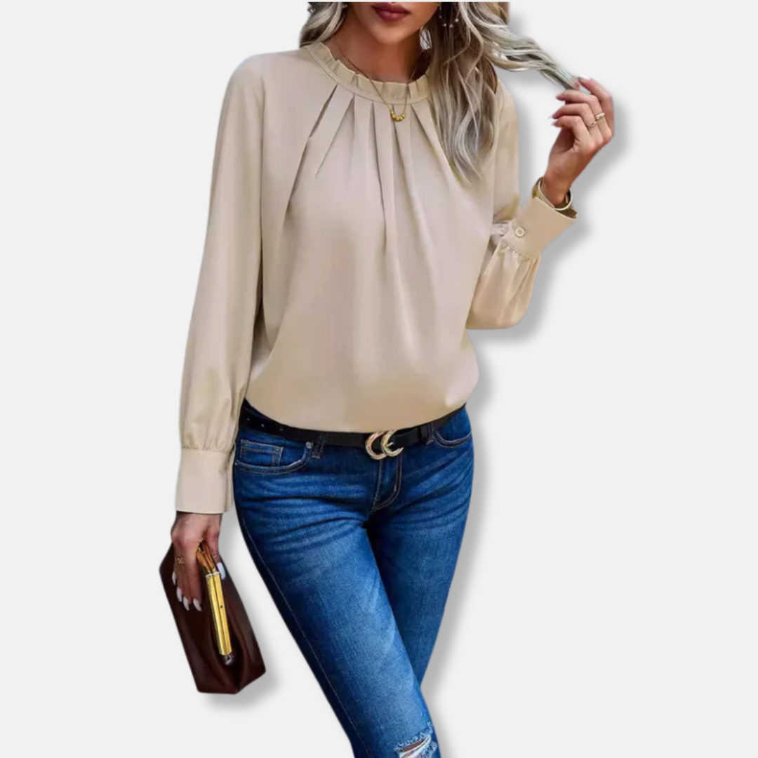 Women’s Blouse – Loose Fit – Ruffled Neckline – Pleated Front – Balloon Sleeves