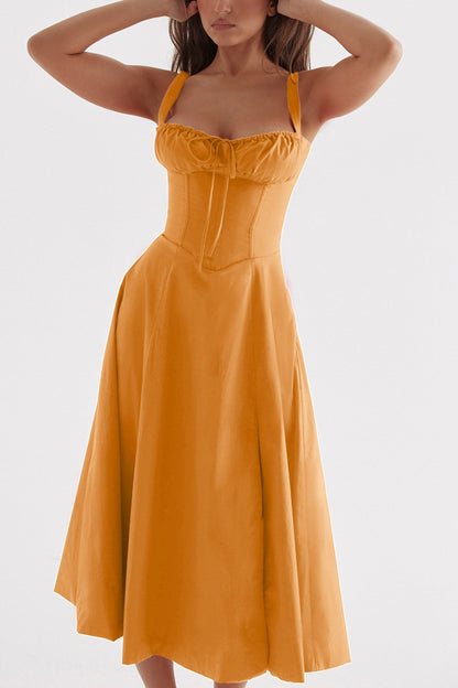 Women's Midi Dress - Corset Bodice - Sweetheart Neckline - High Slit Elegant Fit