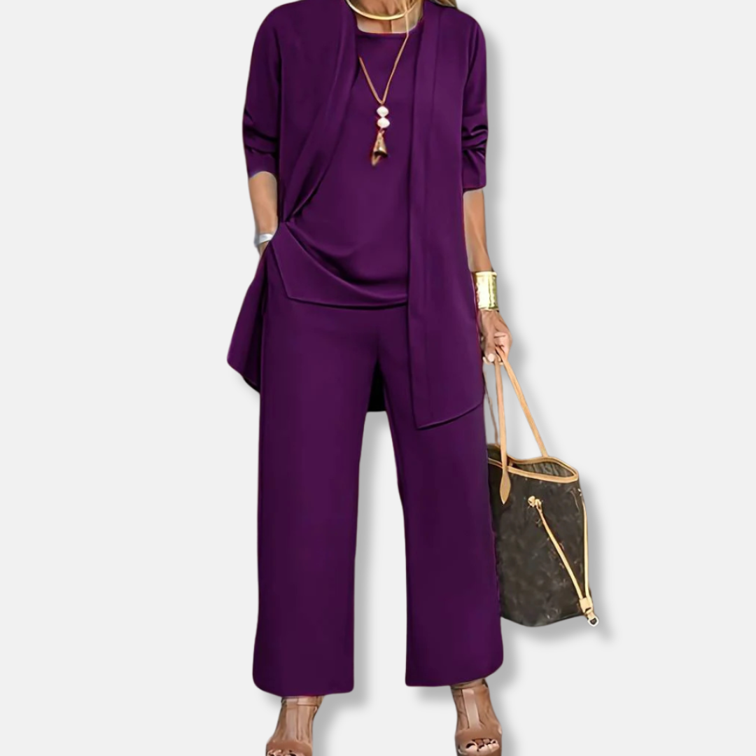 Women's Draped Jacket and Wide-Leg Trousers Set - Jersey - Relaxed Silhouette
