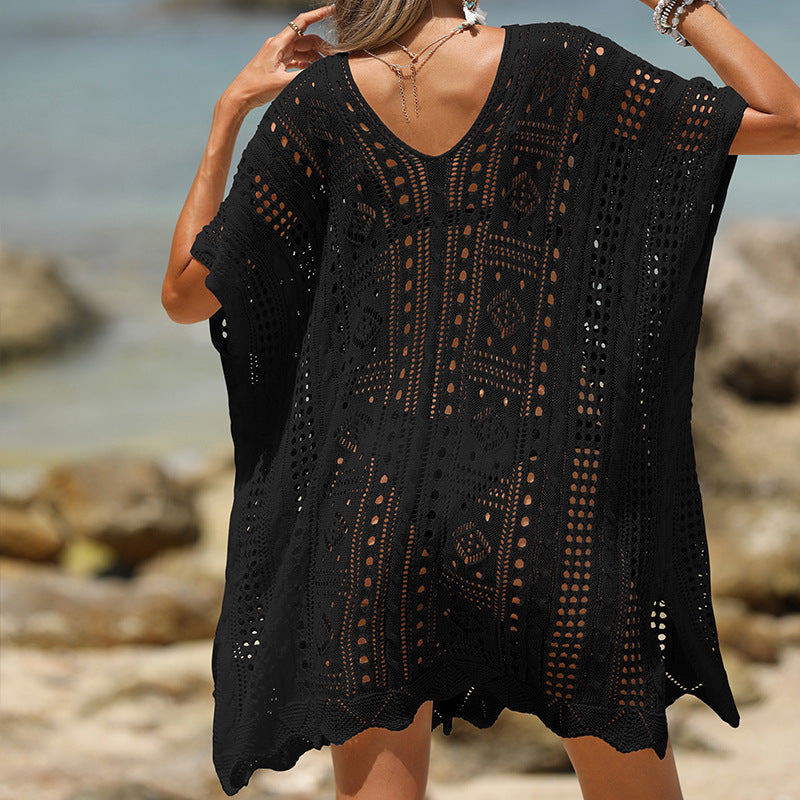 Women’s Beach Cover-Up – Soft Knit – Loose Fit – Open Knit – Scalloped Hem – Short Sleeve